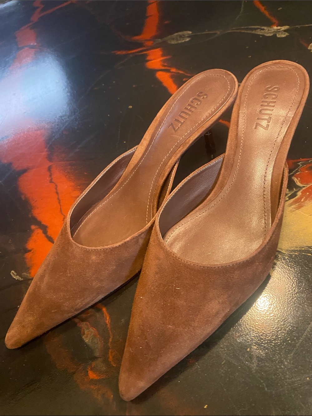 SCHUTZ Brown Suede Pointed-Toe Mules